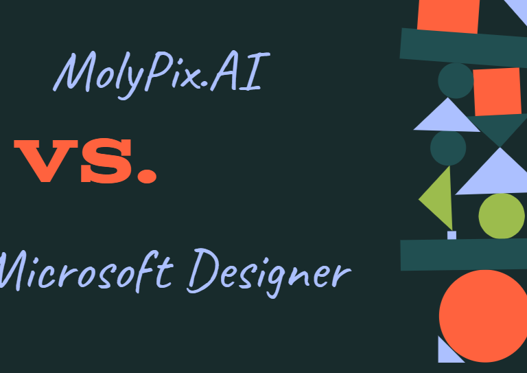 A graphic comparison between MolyPix.AI and Microsoft Designer, featuring the logos of both platforms with geometric shapes in the background. The text "MolyPix.AI vs. Microsoft Designer" is displayed in bold and contrasting fonts.