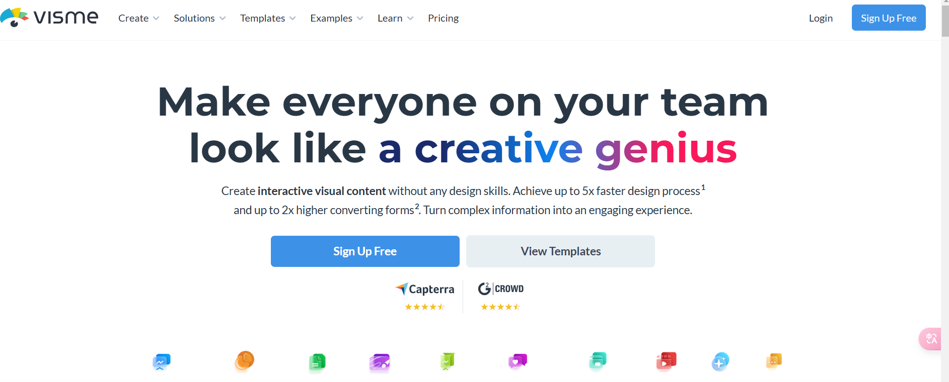 "Visme homepage promoting its AI Design Generator for creating interactive visual content quickly and easily."