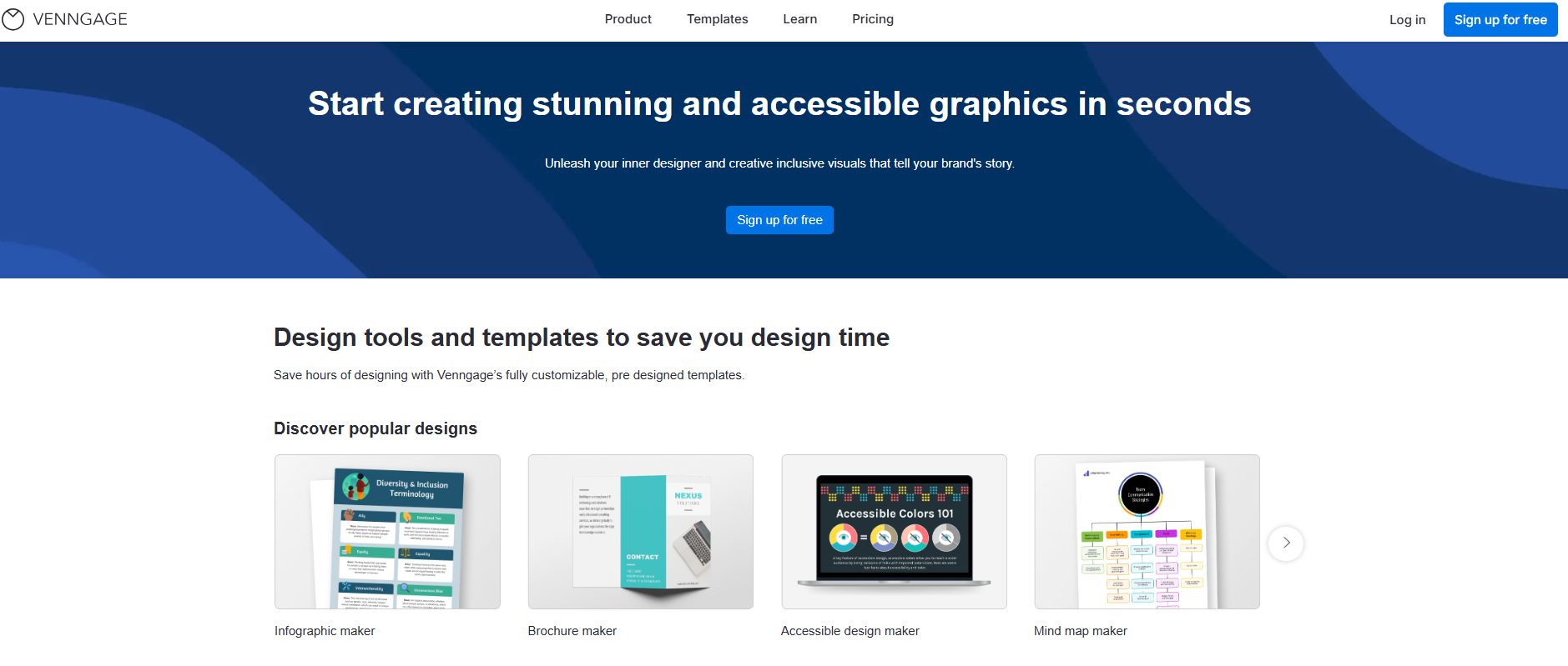 Venngage homepage highlighting design tools and templates for creating graphics.