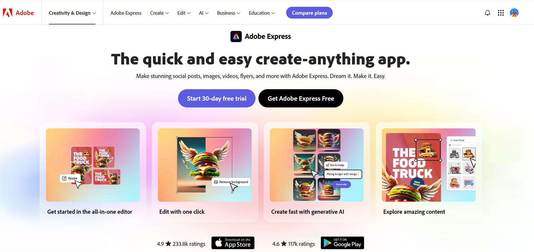 "Adobe Express homepage highlighting AI Design Generator features for creating social media posts, images, and flyers with ease."