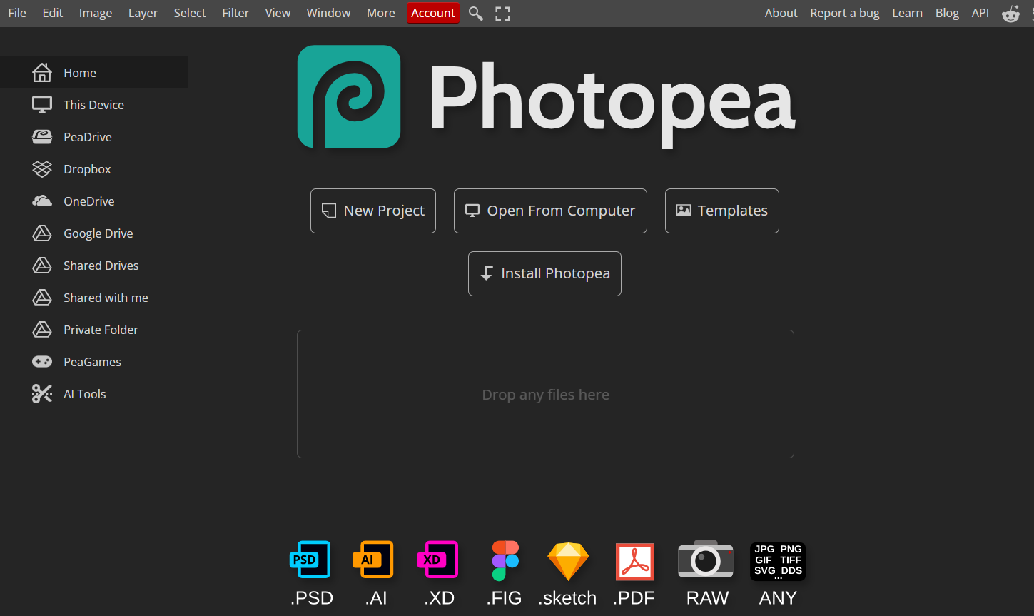 "Photopea interface showcasing AI Design Generator capabilities with options for new projects, file uploads, and multiple file format support."