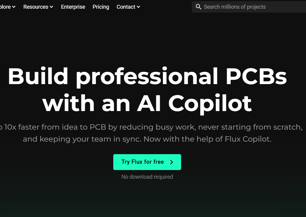 "Flux AI Copilot promotional banner for building professional PCBs, highlighting AI Design Generator capabilities for faster design workflows."