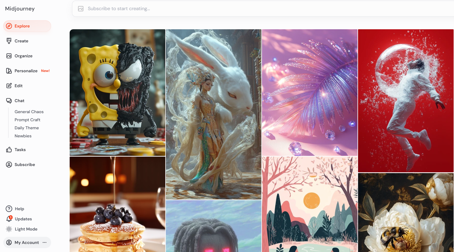 "Midjourney gallery showcasing AI Design Generator capabilities with diverse artistic and creative visuals."