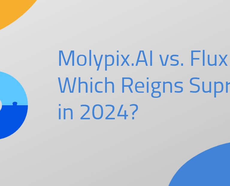 A graphic with puzzle piece design elements and the text "Molypix.AI vs. Flux AI: Which Reigns Supreme in 2024?"