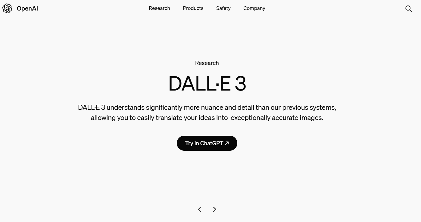 DALL-E 3 webpage by OpenAI, highlighting its advanced capabilities in generating detailed and nuanced images, with an option to try it in ChatGPT.