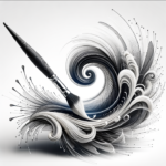 A digital paintbrush creating intricate black and white swirling patterns, symbolizing creativity with DALL-E 3.