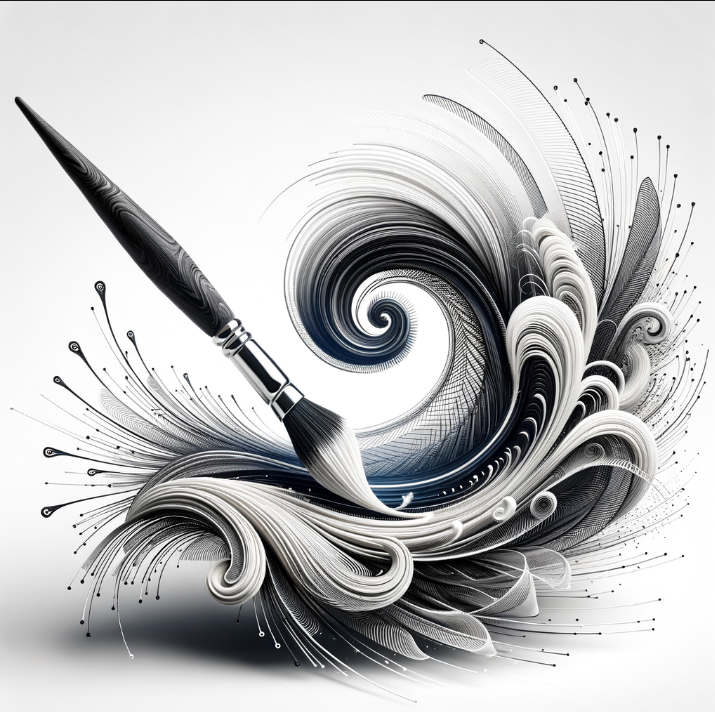 A digital paintbrush creating intricate black and white swirling patterns, symbolizing creativity with DALL-E 3.