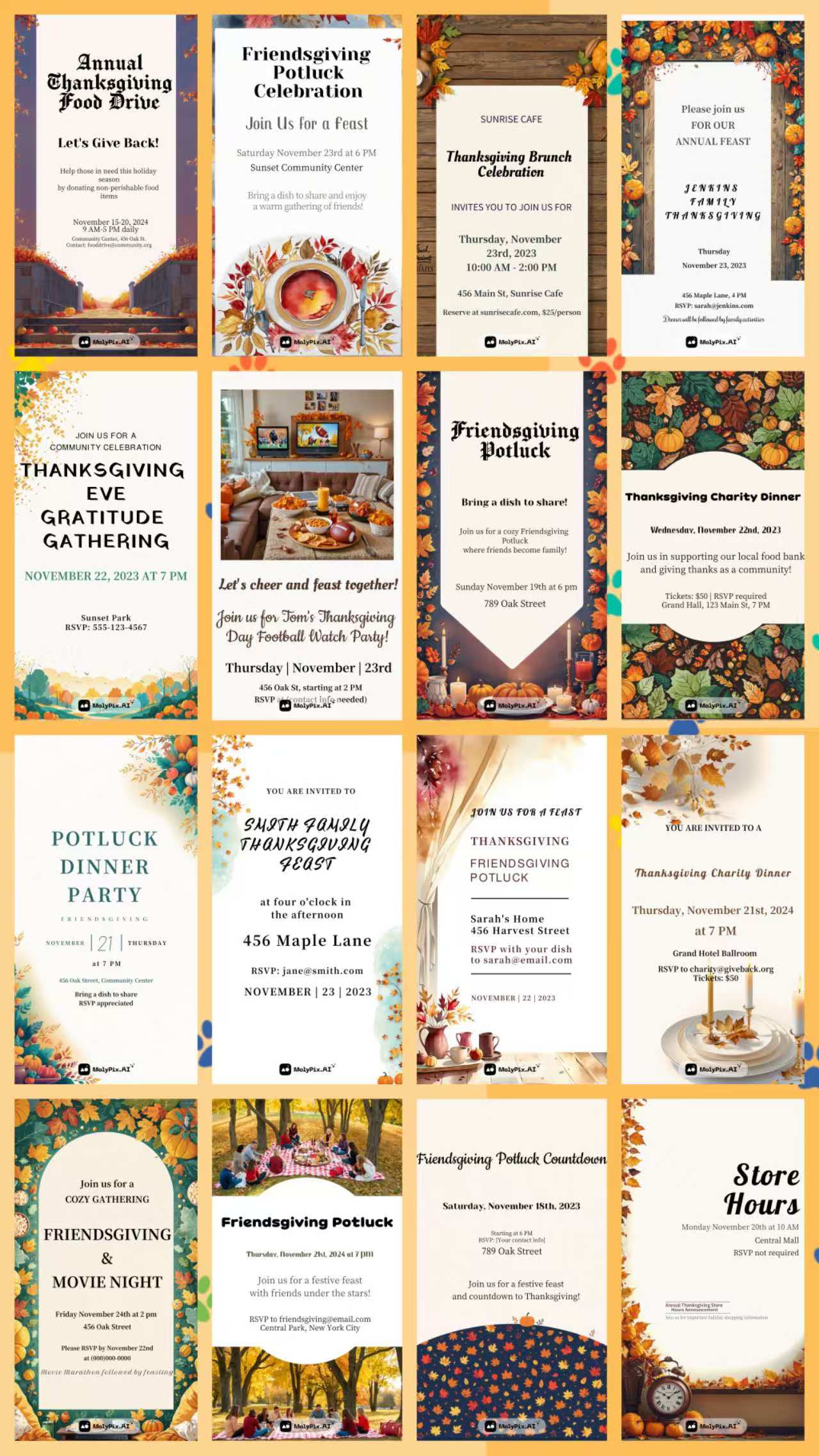 This is a collection of Thanksgiving invitation templates, featuring diverse designs suitable for various types of celebrations.