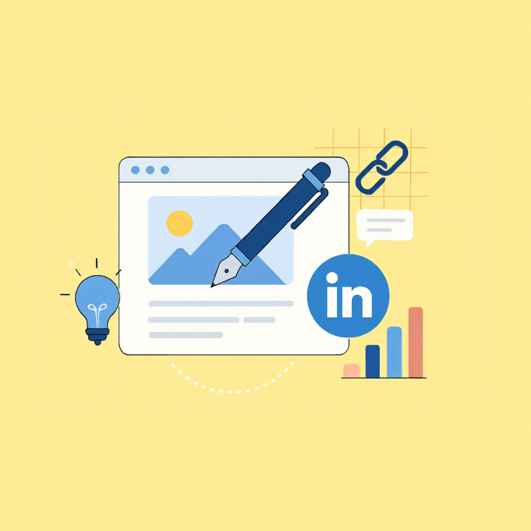 Stylized illustration: Browser window with mountain scene, pen hovering (content creation). Left: Lightbulb (ideas). Right: LinkedIn logo, chain link (connections), chat bubble (communication), bar chart (analytics). Yellow background.