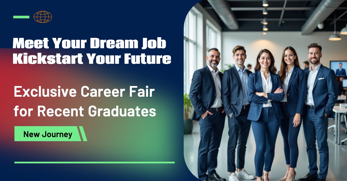 Ad for 'Exclusive Career Fair for Recent Graduates'—bold white & green text (left) reads 'Meet Your Dream Job' & 'Kickstart Your Future'. Right side shows confident young professionals in a modern office setting.