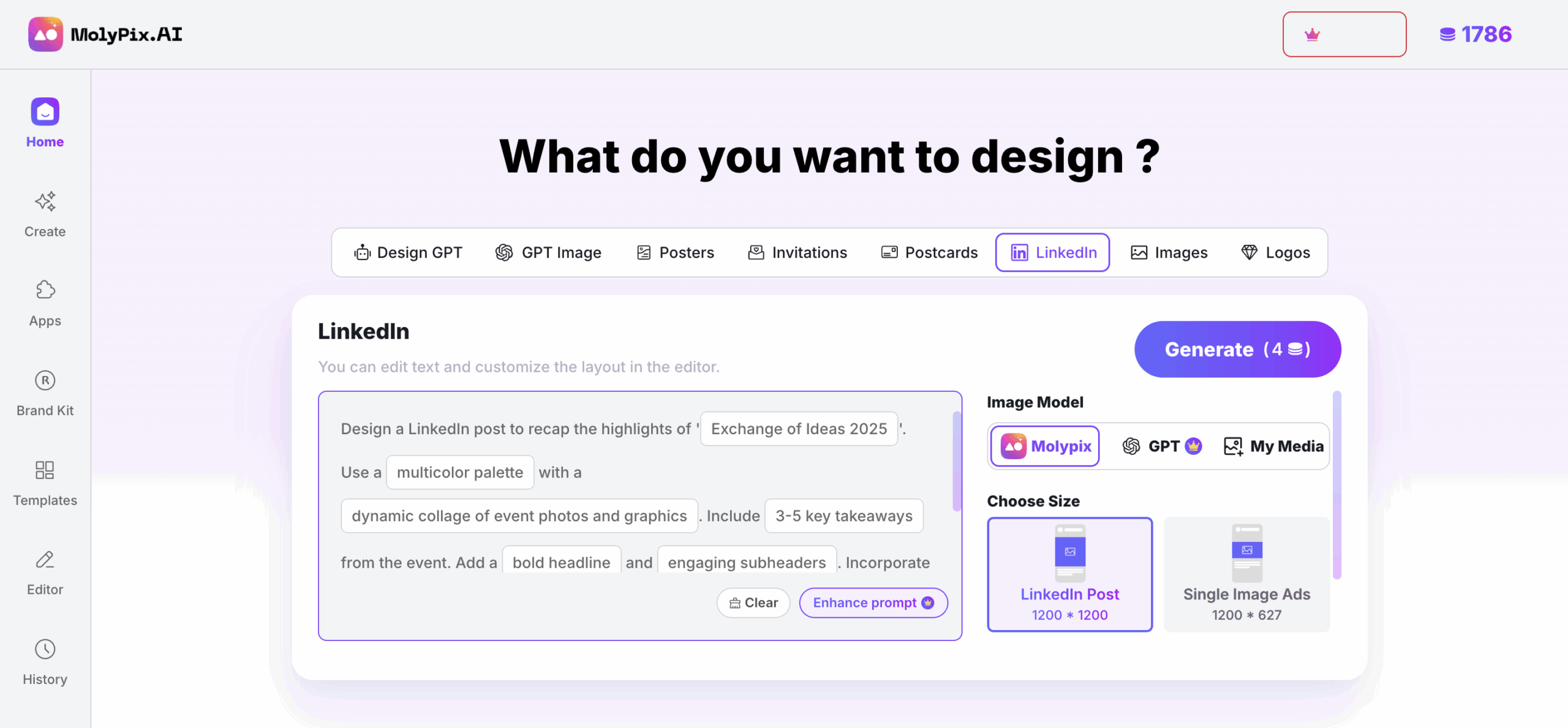 MolyPix.AI interface: 'What do you want to design?' with LinkedIn post editor. Left sidebar (Home, Create), center editing panel (recap 'Exchange of Ideas 2025'), right options (Generate, models, sizes). Clean purple/white UI.
