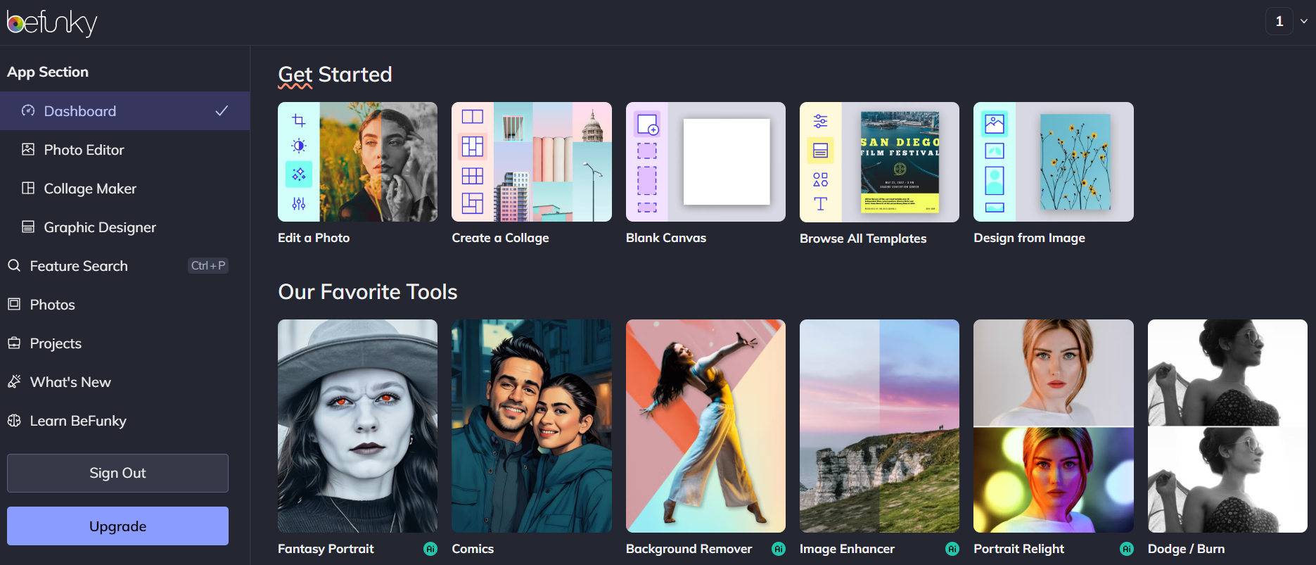 BeFunky - One of free AI Canva alternatives offering easy photo editing and collage creation for marketers.